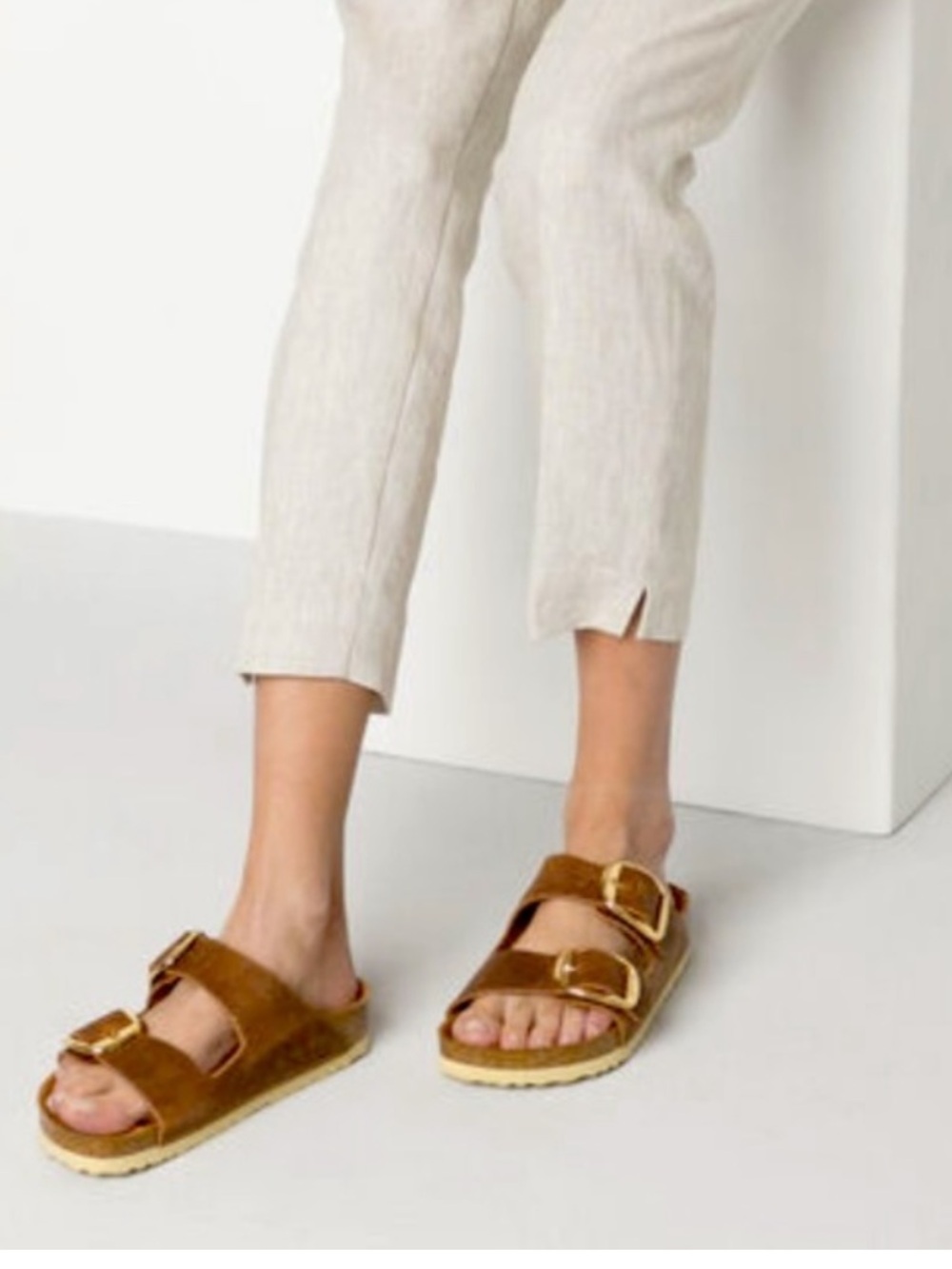 Birkenstock Suede Double Buckle Slide Sandals in Brown with Gold Buckles